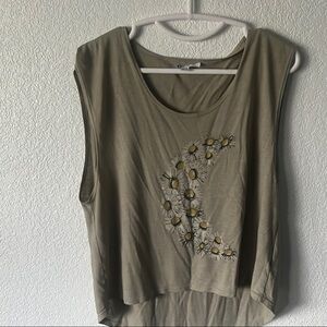 Olive Green Sleeveless Top with Daisy Design